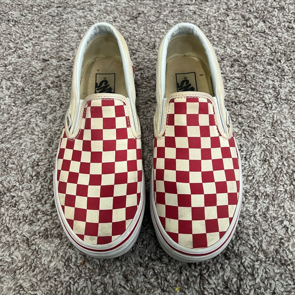Red Checkerboard Vans Slip On